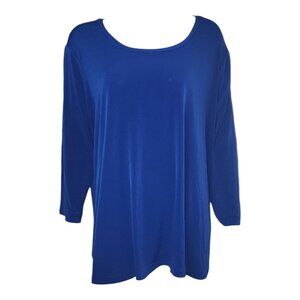 Susan Graver Top Womens Plus Size 2X Solid All Blue Liquid Knit 3/4 Sleeve Shirt